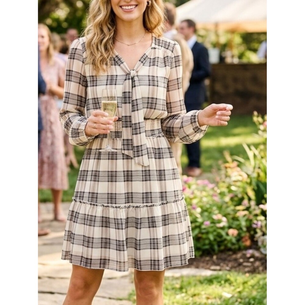 NWOT Promesa Beige Plaid Long Sleeve Dress